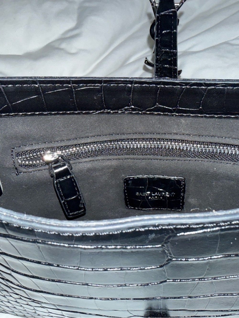 Yves Saint Laurent Black Croc-Embossed Shoulder Bag with Silver YSL - Picture 5 of 6